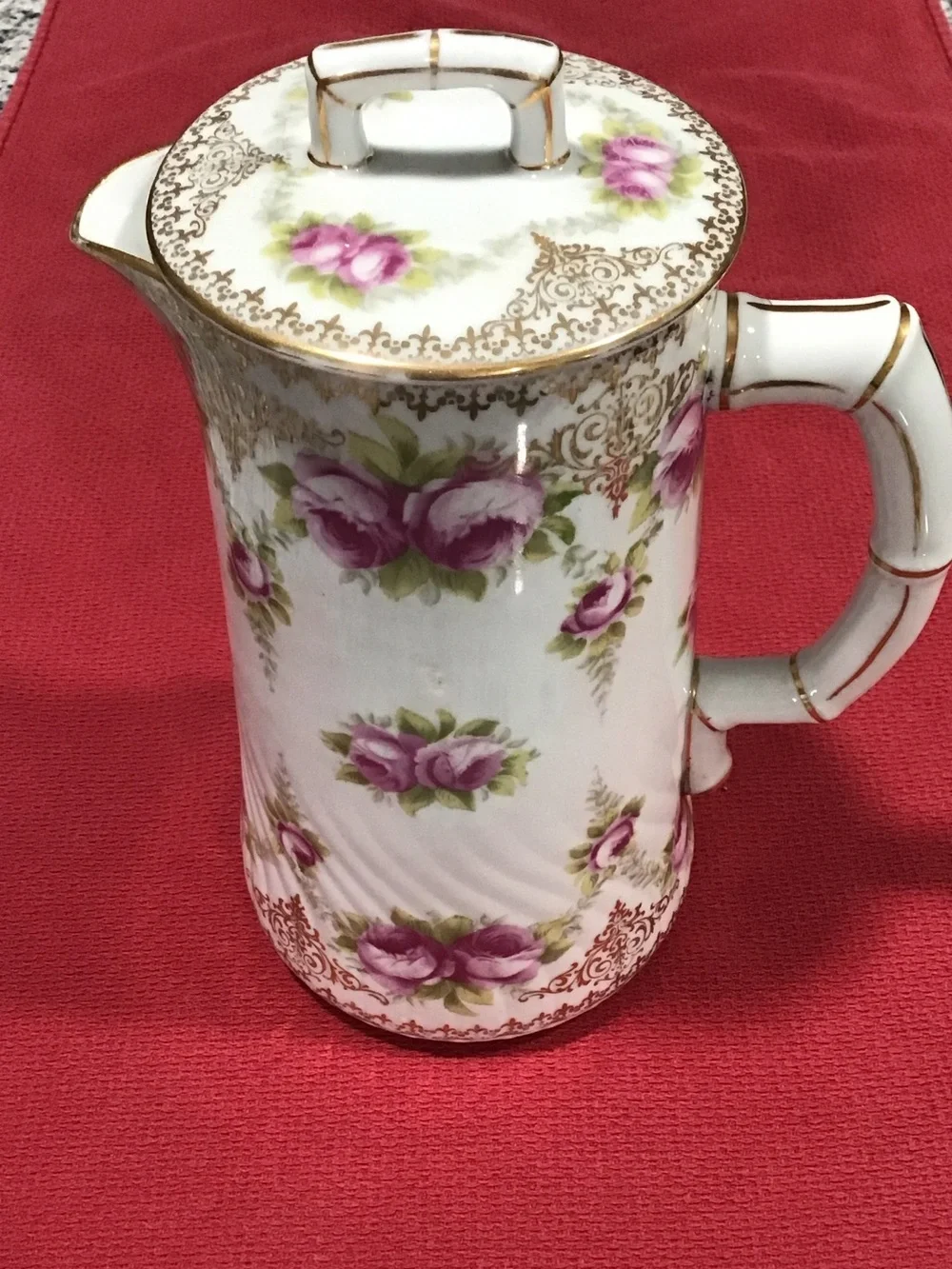 Vintage Porcelain Floral Coffee Pitcher with Pink Rose Motif. ##